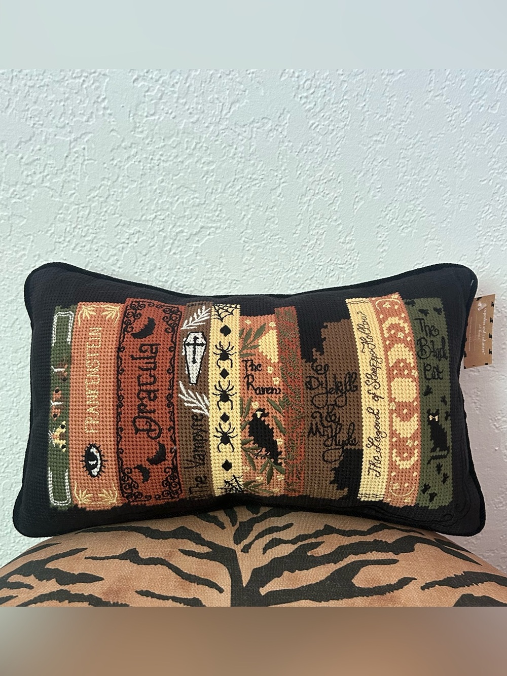 Cupcakes & Cashmere Needlepoint Embroidered Halloween Horror Books Throw Pillow